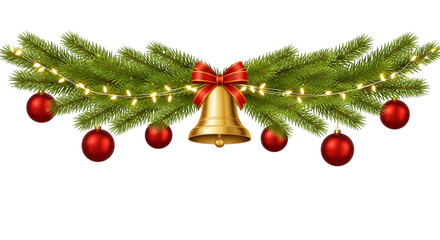 Christmas garland with bell and ornaments isolated on transparent background