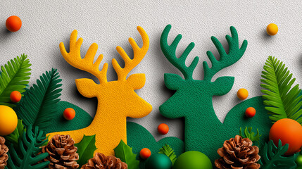 Christmas and New Year background with reindeer, pine cones, balls and leaves.