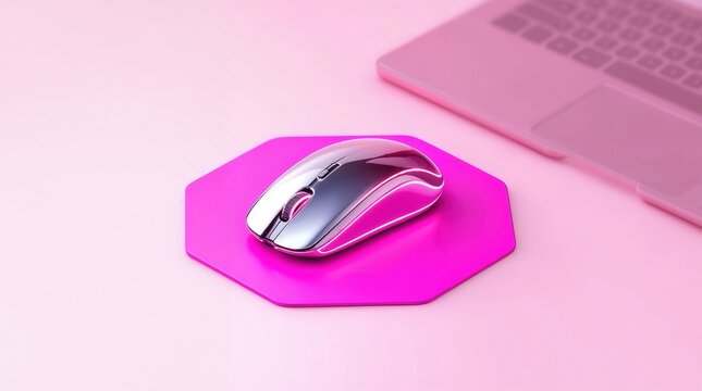 A sleek chrome wireless mouse on a vibrant pink octagonal mouse pad. Modern minimalist workspace with a laptop and copy space for text