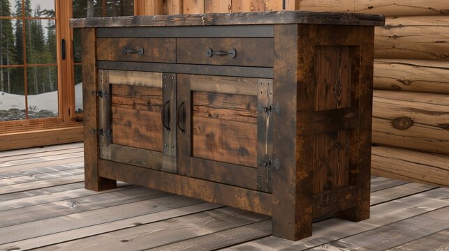 Rustic wooden cabinet with drawers and doors, set on a porch. Cabin backdrop