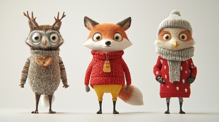 Naklejka premium Three anthropomorphic animals in winter clothing, including a fox, owl, and bird, standing against a white background.