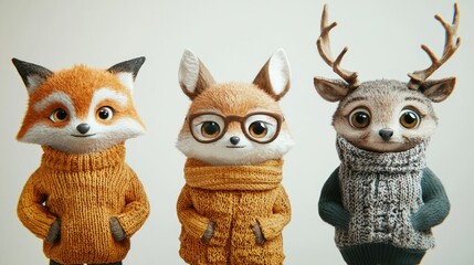 Obraz premium Three anthropomorphic foxes in sweaters with glasses, standing in a row.