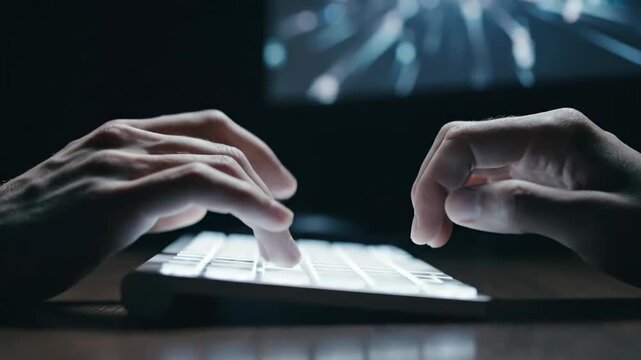Close-up of Person Typing on a Glowing Keyboard in a Dark Room