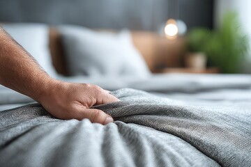 Close up of adult hand holding soft grey blanket on a comfortable bed in a bedroom