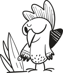Whimsical cartoon rooster standing beside grass, minimal line art doodle