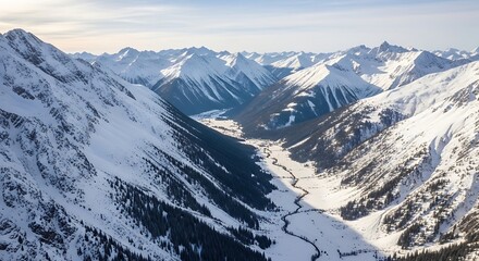 Panoramic view of a vast, snow-covered mountain valley with evergreen forests under a clear winter sky.