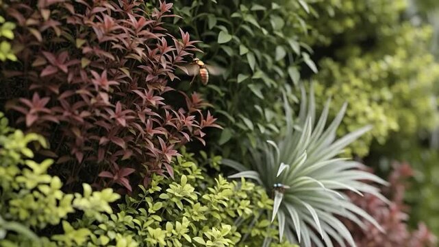 Lush vertical garden with diverse green and red foliage and misting system