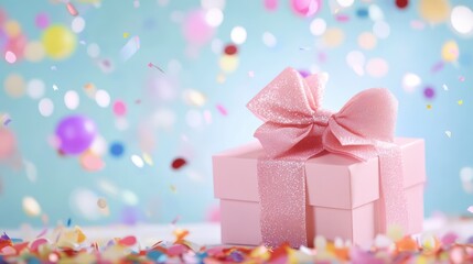 Gift box in pastel pink with delicate bow, colorful confetti and dreamy bokeh for a magical celebration