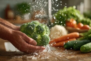 Man washing fresh broccoli under running water in kitchen
