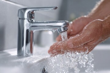 Adult washing hands under running water from a faucet