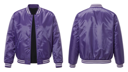 Purple baseball bomber varsity jacket in front and back view, mockup isolated on transparent background