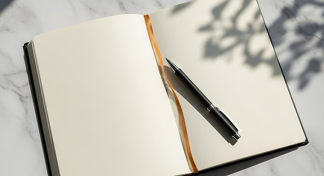 Blank open notebook with pen on white marble background and plant shadows