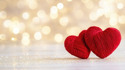 Handmade red yarn hearts placed on sparkly background, soft bokeh lights for sweet and heartfelt Valentine visuals