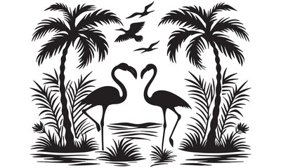 Tropical Flamingo Couple with Palm Trees – Island Lagoon Silhouette Vector