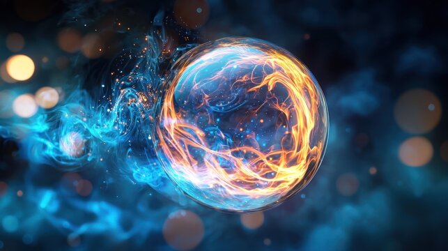 A glowing, fiery orb with swirling flames inside, surrounded by blue and orange flames, against a dark, ethereal background with bokeh lights. - Powered by Adobe