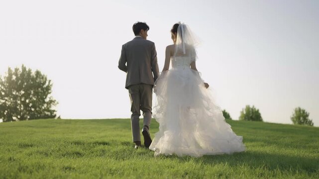 Happy bride and groom walking holding hands on grass