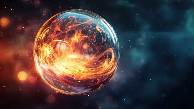 A glowing, transparent sphere with swirling flames inside, set against a dark, starry background.