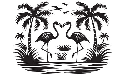 Tropical Flamingo Couple with Palm Trees – Island Lagoon Silhouette Vector