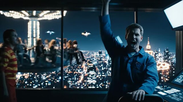 Man Watches Drones Fly Over Futuristic City at Night from High-Tech Control Room