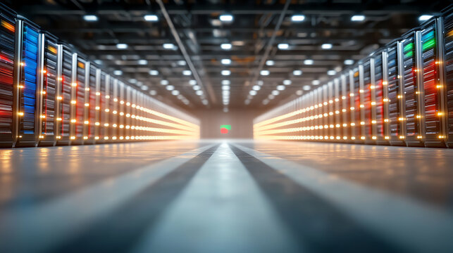 A modern data center with rows of servers, showcasing advanced technology and infrastructure for digital storage and processing.
