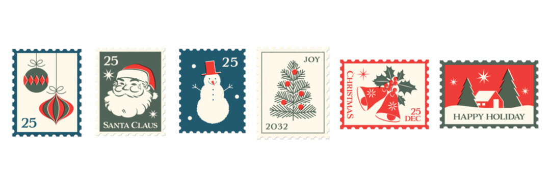 Christmas Vintage Postage Stamp Vector Illustrations, Festive Travel Stickers, Graphics & Elements