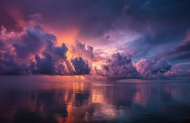 Fototapeta premium A tropical sea view glows with colorful light as the sun sinks below distant islands. The water shimmers gently under a dramatic painted sky.