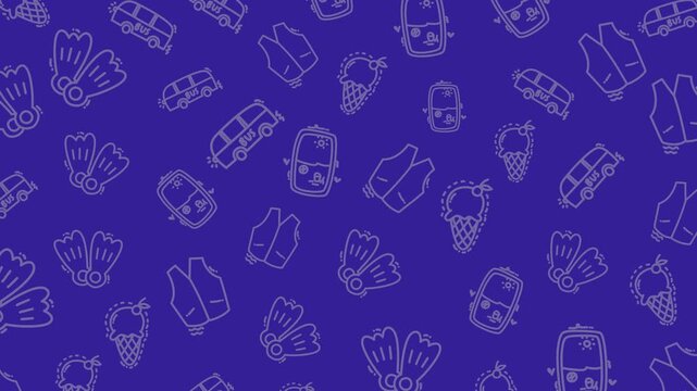 Blue summer vacation icons background pattern suitable for travel websites, social media posts, or promotional materials for holidaythemed events.