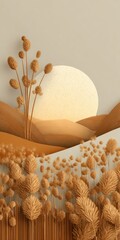 Abstract landscape with golden tones sun hills and ornamental plants