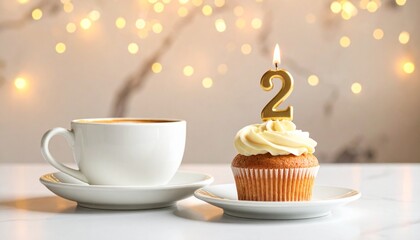 Sweet celebration of a second milestone a charming cupcake with a glowing number two candle, a warm coffee cup, and sparkling background lights