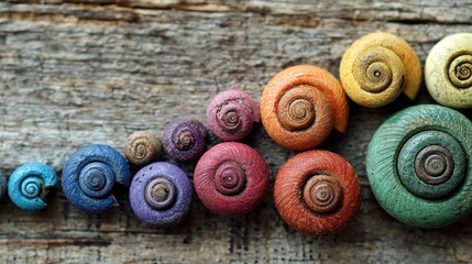 Colorful spiral shells arranged on weathered wood