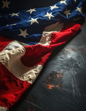 Old, faded American flag with stars and stripes on a textured, dark background