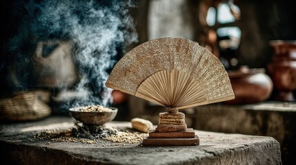 A rustic wooden fan, smoke rising from a bowl