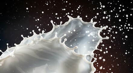 Artistic capture of a milk splash, featuring a dynamic burst and droplets against a dark backdrop