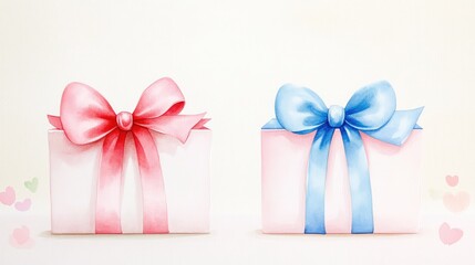 Two delicately illustrated boxes with red and blue ribbon, soft watercolor tone and clean background