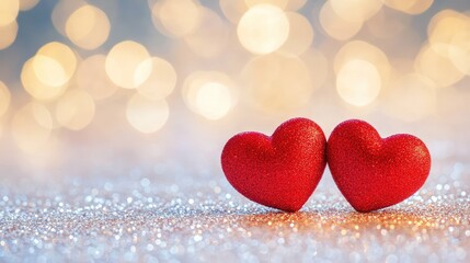 Two red hearts on festive glitter with magical bokeh, handmade texture adds intimacy and charm