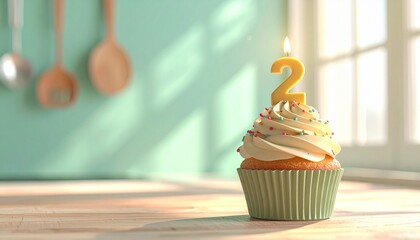 A delightful second birthday cupcake, adorned with a glowing number two candle, rests on a rustic wooden countertop in a serene pastel kitchen environment