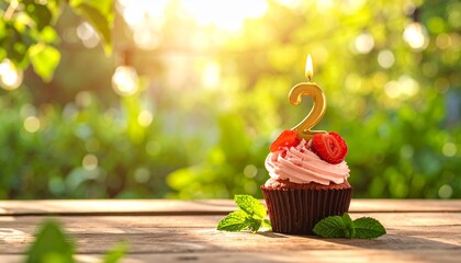 A delicious cupcake topped with pink frosting, fresh strawberries, and a glowing number two candle sits on a rustic wooden table, bathed in warm sunlight