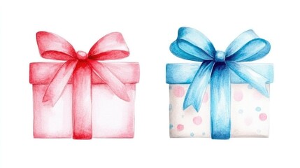 Two watercolor gift boxes with red and blue ribbons on clean white background, perfect for festive design