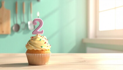 Festive Cupcake with Number Two Candle in Bright Kitchen, Celebrating Second Birthday