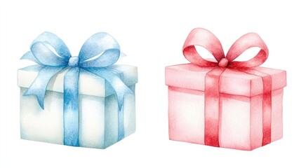 Two watercolor gift boxes with red and blue ribbons on clean white background, perfect for festive design