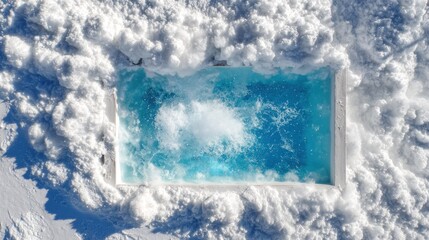 Icy blue pool nestled in snow. High-angle view