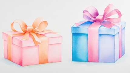 Watercolor art featuring two elegant gift boxes with vibrant ribbons, white canvas background