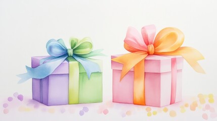 Watercolor art featuring two elegant gift boxes with vibrant ribbons, white canvas background