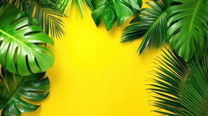 Vibrant green tropical leaves placed over bold yellow background, perfect for modern wall art or design