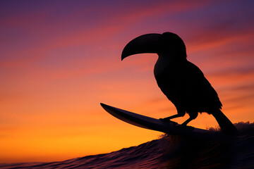 Naklejka premium Toucan Surfing on Wave at Sunset - Whimsical Animal Sports and Tropical Fantasy Concept