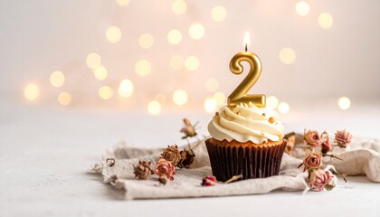 A festive cupcake with white cream frosting and a lit golden number two candle, celebrating a second birthday or anniversary against a soft bokeh background