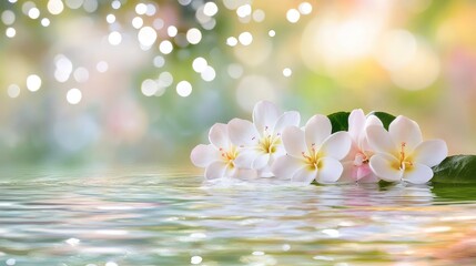 White petals floating in reflective water, soft background sparkles suggest spa calm, wellness purity
