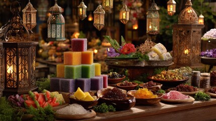 Colorful, ornate dessert buffet with lanterns