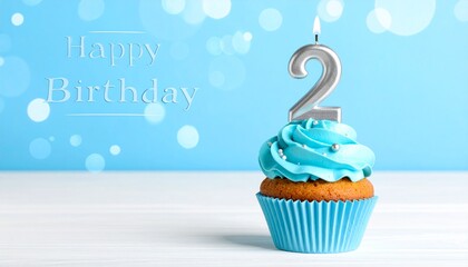 Delicious blue frosted cupcake with a lit silver number two candle, perfect for a second birthday celebration against a sparkling bokeh background, symbolizing joy and milestones