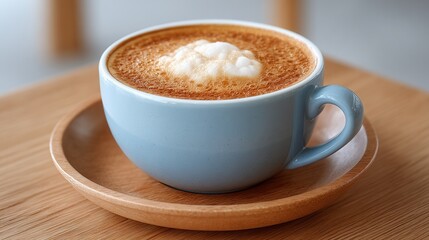 A close-up of a light blue cup filled with coffee, featuring creamy foam on top, placed on a wooden plate. Ideal for coffee-related themes.